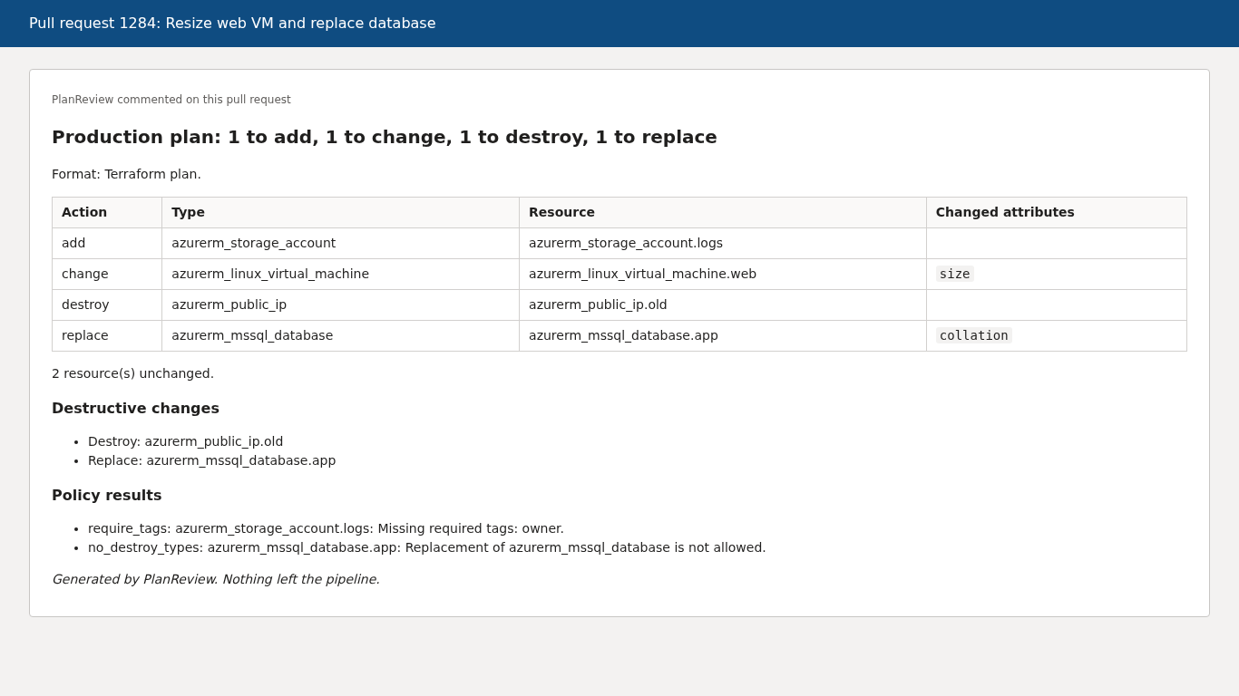 A PlanReview comment on a pull request